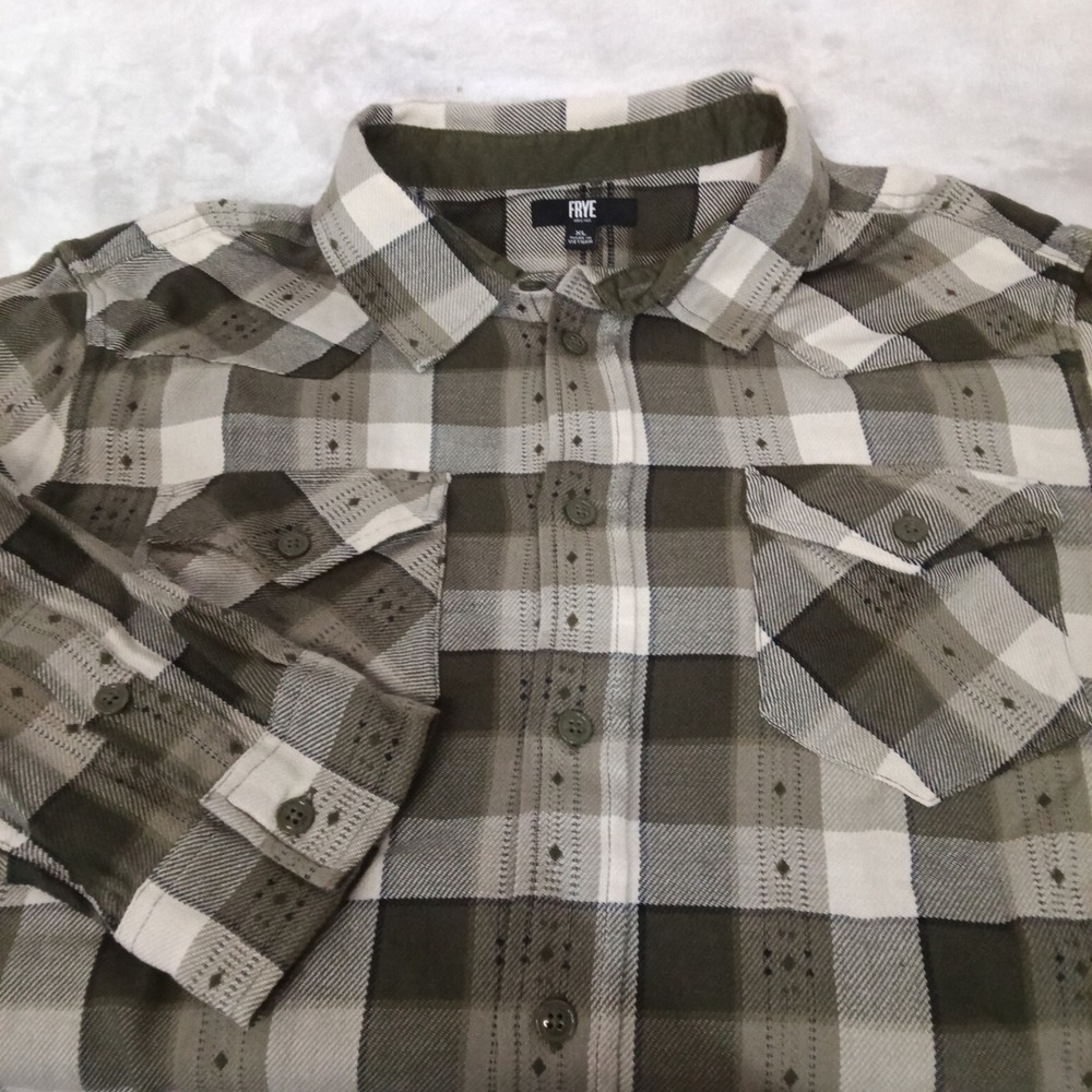 Frye Mens XL Olive Green Plaid Western Yoke Dobby Cotton Button Down Shirt